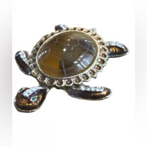 vintage gold-tone turtle brooch cabochon shell & amber rhinestone accents